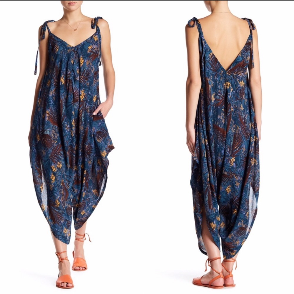 Free People El Porto Blue Boho Jumpsuit Wide Leg - Picture 2 of 8